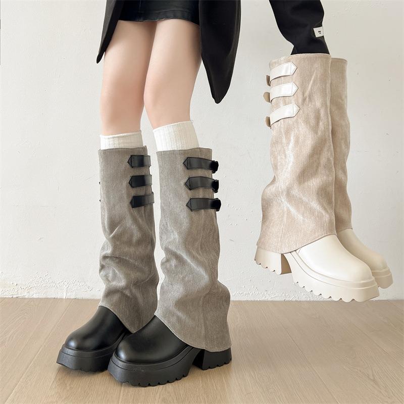 Fashion Fashion Belt Buckle Canvas Patchwork Knee High Boots Women 2025 Autumn Punk Chunky Platform High Heel Knight Long Bota Femininas