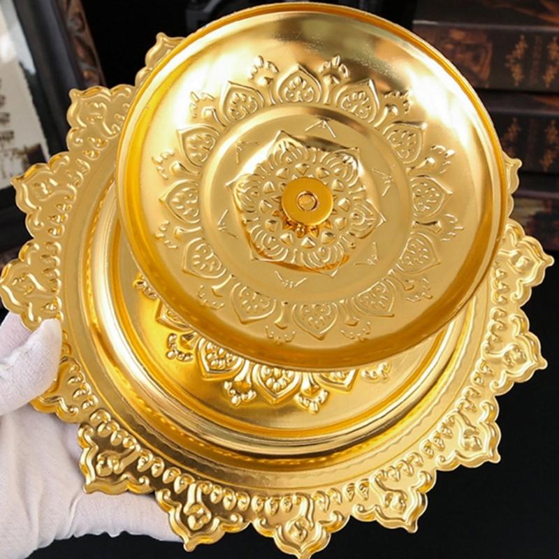 Decorative Alloy Offering Plate with Ornamental Pattern Tall for Religious Ceremonies Home Decoration Highlight