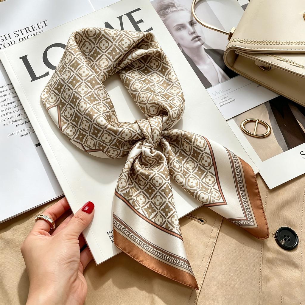 Autumn and winter Maillard cashew square scarf silk scarf women's shirt versatile neck small scarf tied hair decorative scarf