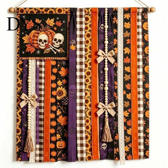 Seasonal Festival Gift Halloween Rag Banner, Orange Black Skull Ghost Pumpkin Hanging Decoration, Rustic Theme Banner Fabric Stripe for Front
