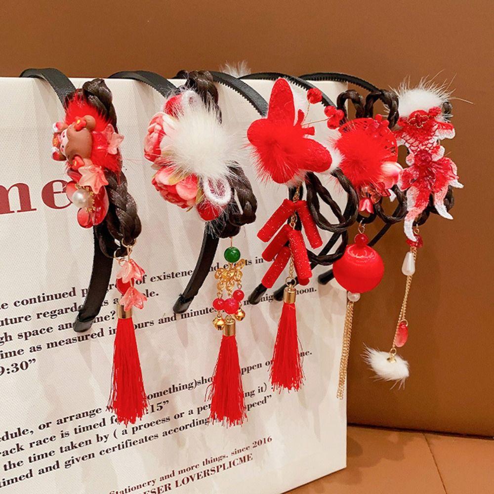 Повязка на голову из парика ханьфу с жемчугом, красная новогодняя повязка на голову с традиционными цветами и кисточками для детей