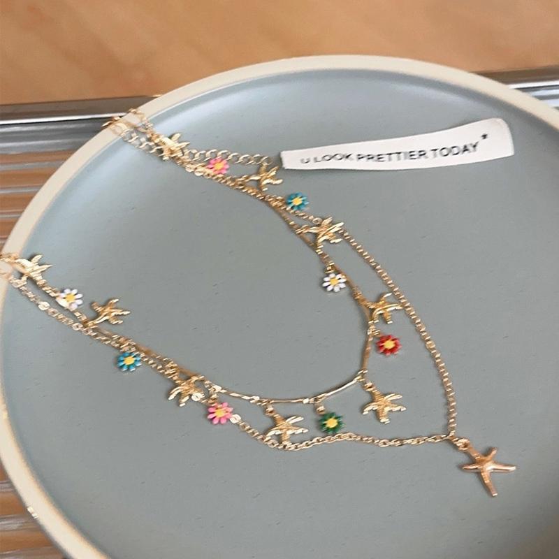 

Bohemia Double Layer Daisy Clavicle Chain Necklace for Women Colorful Flower Starfish Pendant Metal Chain Choker Party Zircon