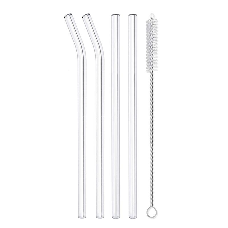 

4Pcs Reusable Glass Straws 200x8mm Transparent Borosilicate Glass Drinking Straws Bent Straight Straws Set with Cleaning Brush
