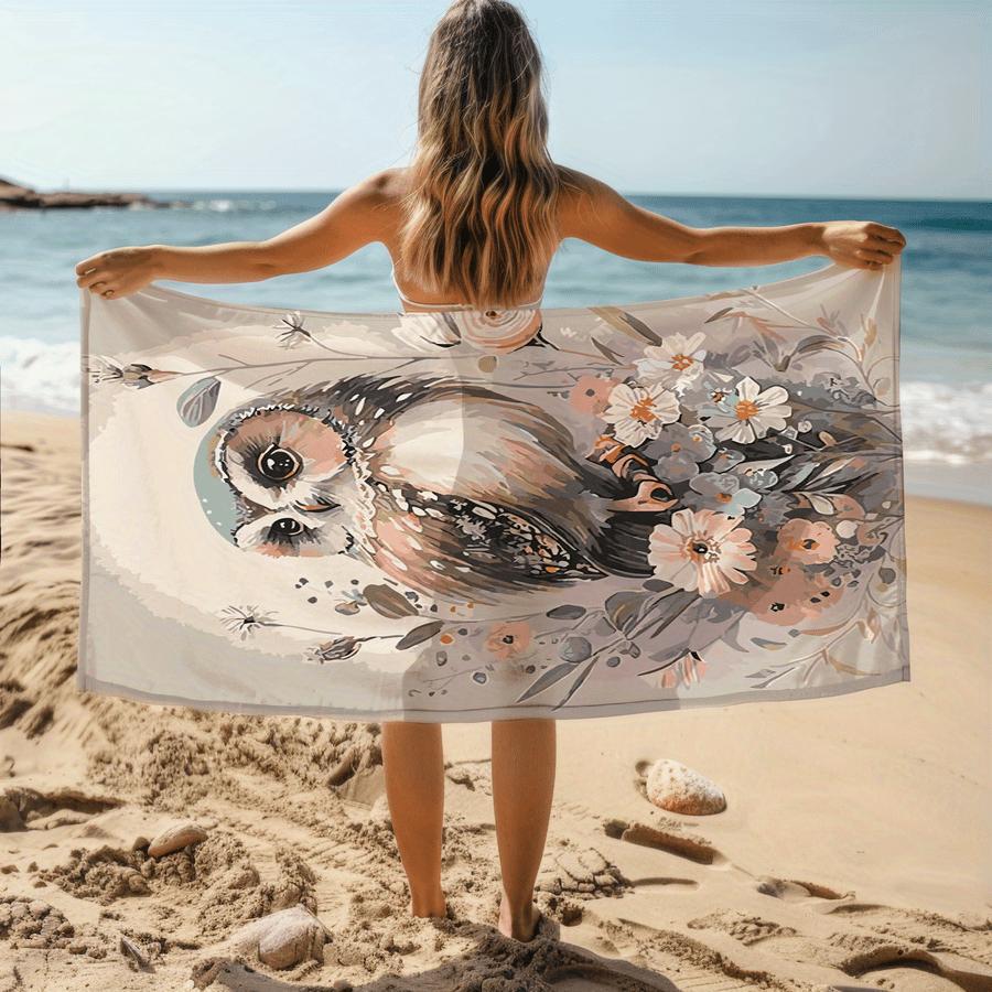 Watercolor Owl Beach Towel, Vintage Floral Owl Print Oversized Bath Towel, Soft Quick Dry Nature Lover Summer Beach Blanket