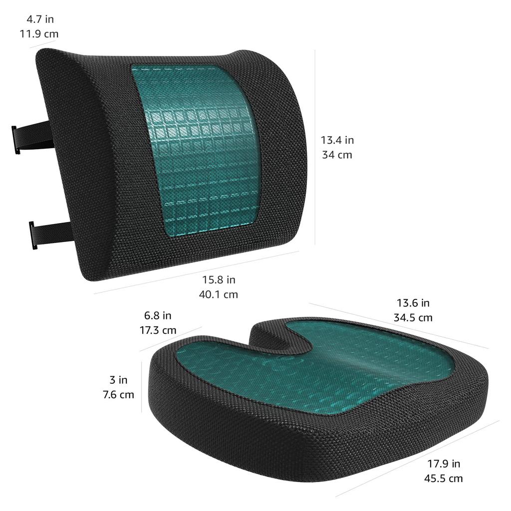 AmazonBasics Seat Cushion Lumbar Support Cool Gel Memory Foam Black 42 cm x cm x 7 cm x 32 cm x 10 cm Set of Rectangular & 37.9 cm/32.9 2,