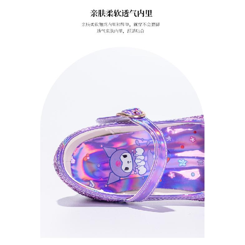 Buty księżniczki fioletowe Kuromi buty do występów dla dziewczynek małe dziewczynki buty na jeden sezon wiosna i jesień wysokie obcasy wybieg miękka podeszwa skórzane dla dzieci