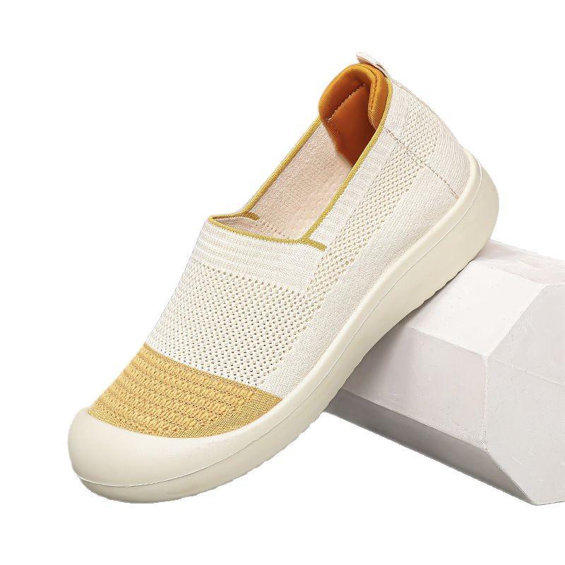 Mote Japansk Minimalistisk Flyknit Slip-ons Dame, Gul - Hvit Pustende Fritidssko, Komfortabelt Fottøy for Daglig Pendling