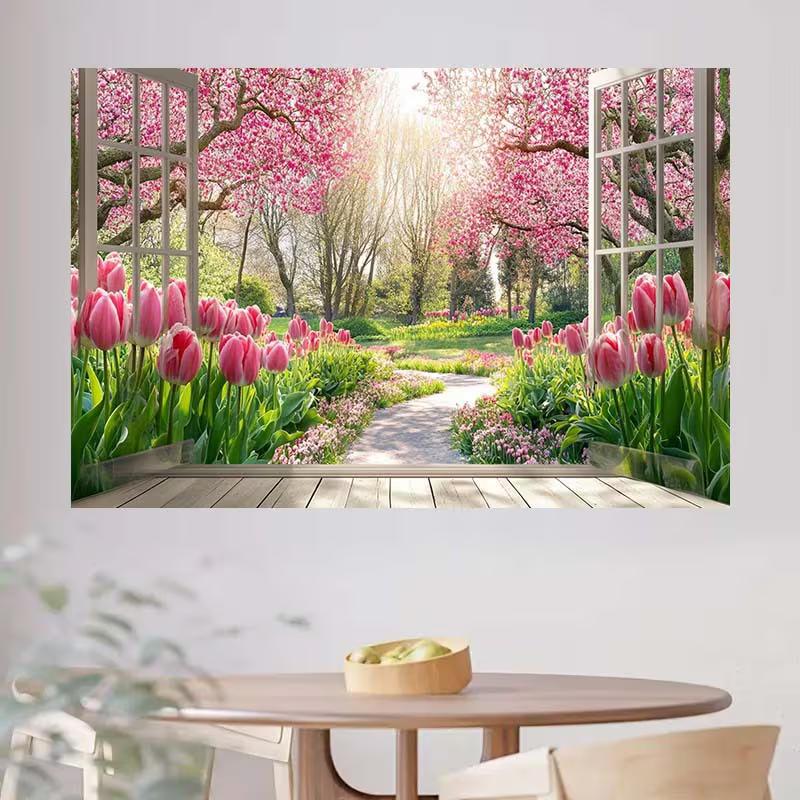 2D Romantic Pink Tulip Garden Window Photography Background Cloth