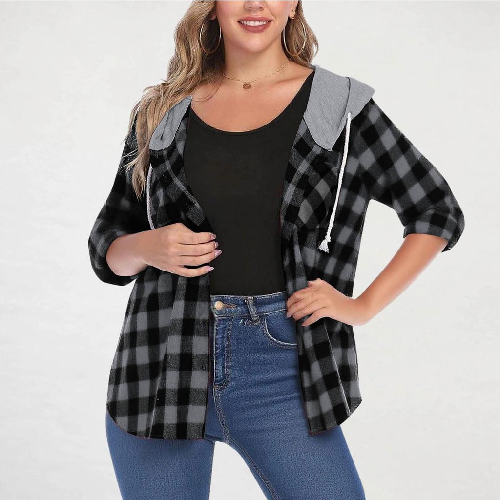Women Long Sleeve Plaid Jackets Shirt Long Sleeve Casual Loose Coat Outwear