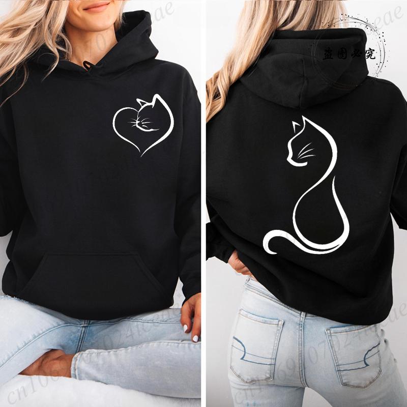 Love Heart Cat Fashion Teen Sweatshirt Fleece Autumn Winter Female Hoodies Hooded Sweatshirts Womens Cat Lover Sporwear  Tops
