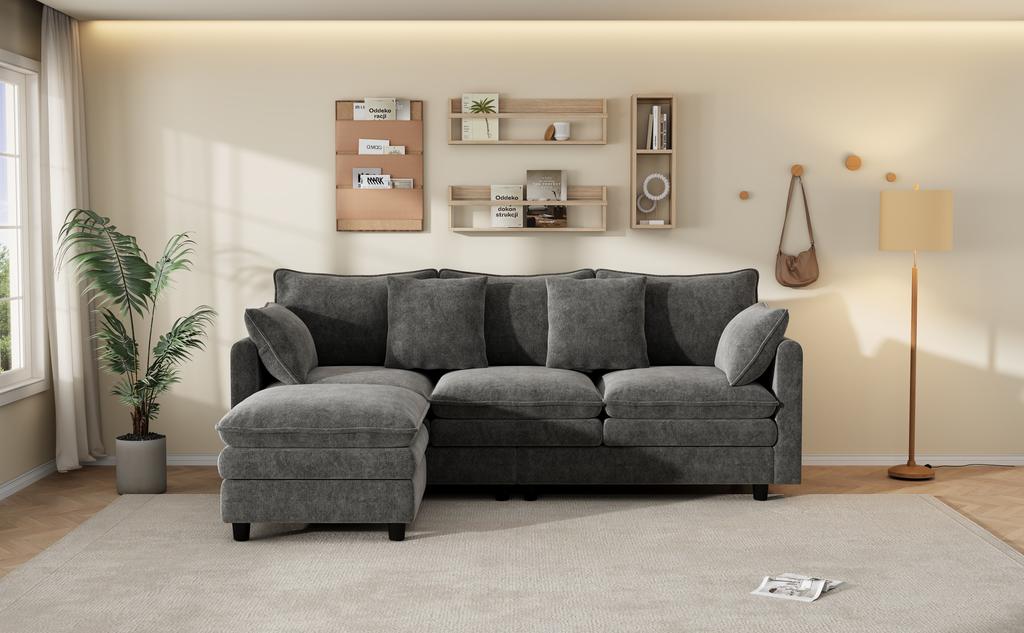 L-Shaped Corner Sofa with 4 Cushions and 3 Backrests, 3-Seater Sofa with Chaise Longue, Capacity up to 120 kg, Living Room Sofa 212×150×90 cm, Grey