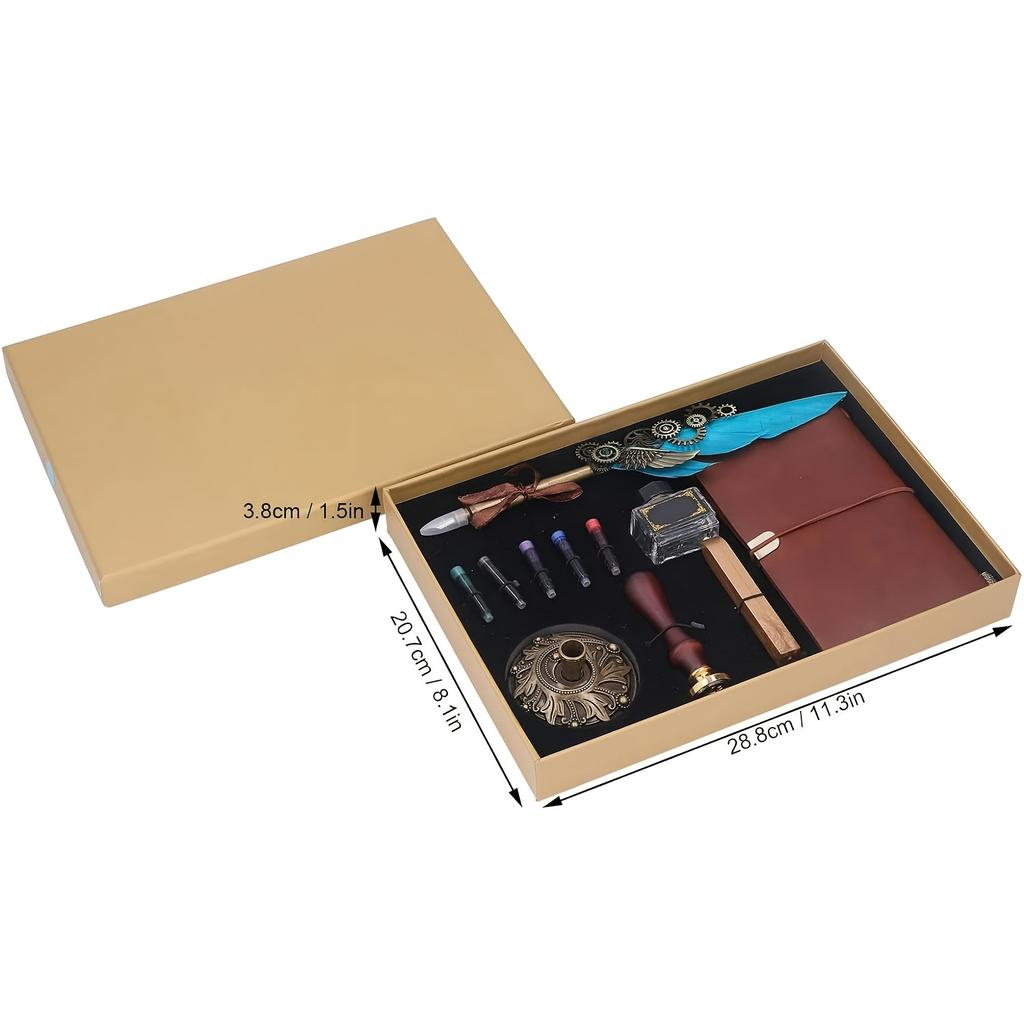 Retro Tüy Kalem Mürekkep Hediye Kutusu Seti, Defter ve Mühür Mumu ile, Ofis Yazımı/Babalar Günü/Okul Dönemi/doğum Günü/Hediye İçin Uygundur