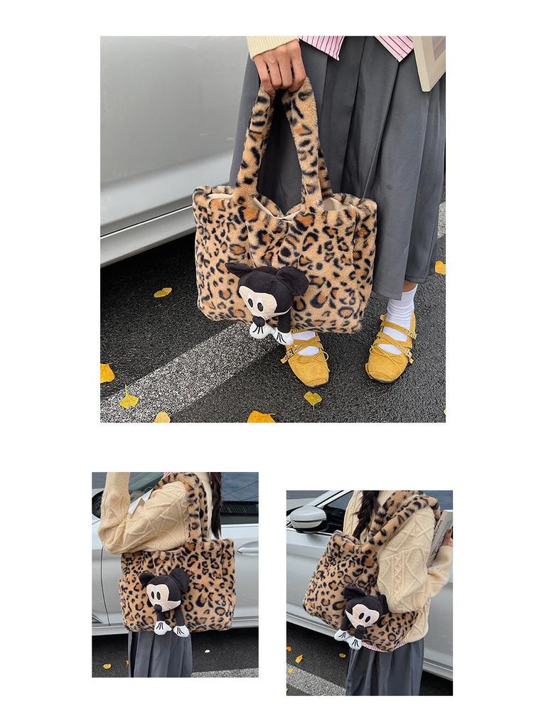 2025 Women's Large Fluffy Leopard Print Shoulder Tote Bag