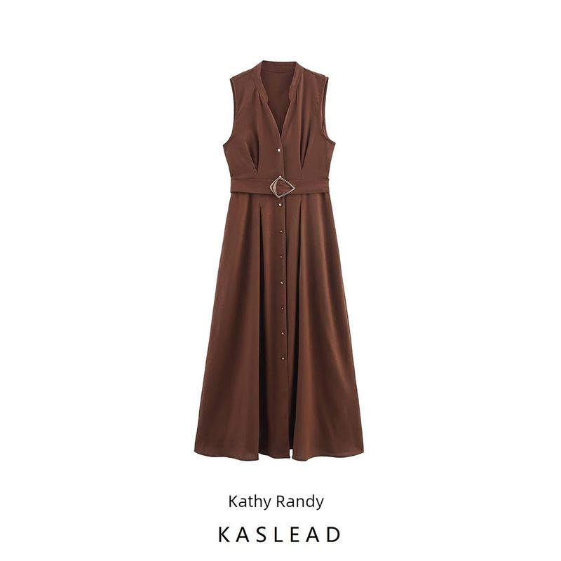 Kaslead New Women clothes Western Style Fashion Simple Temperament Small V-neck Sleeveless Waist Hugging Dress