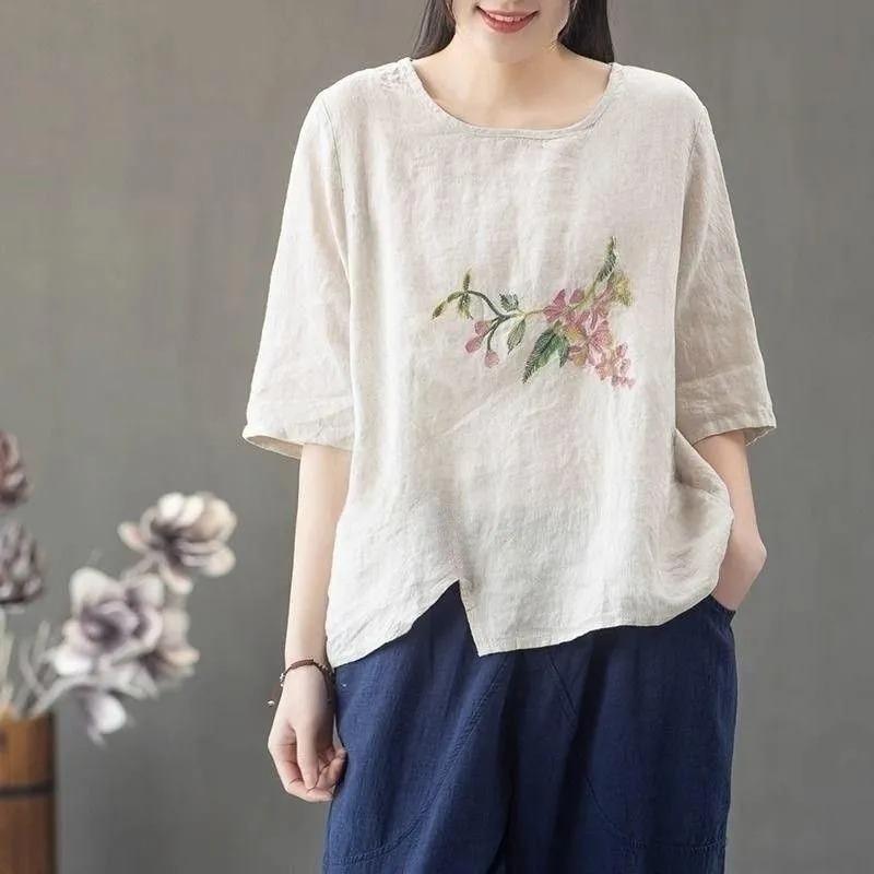 Ink Brocade Summer Thin Cotton and Linen Loose Outer Top Women's Literary Retro Embroidery Ethnic Style