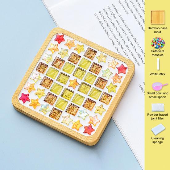 DIY Glass Mosaic Tile Coaster Set Mixed Color Mosaic Kit with Wooden Coaster Kids Adults Handmade Mosaic Crafts Coaster with Accessories