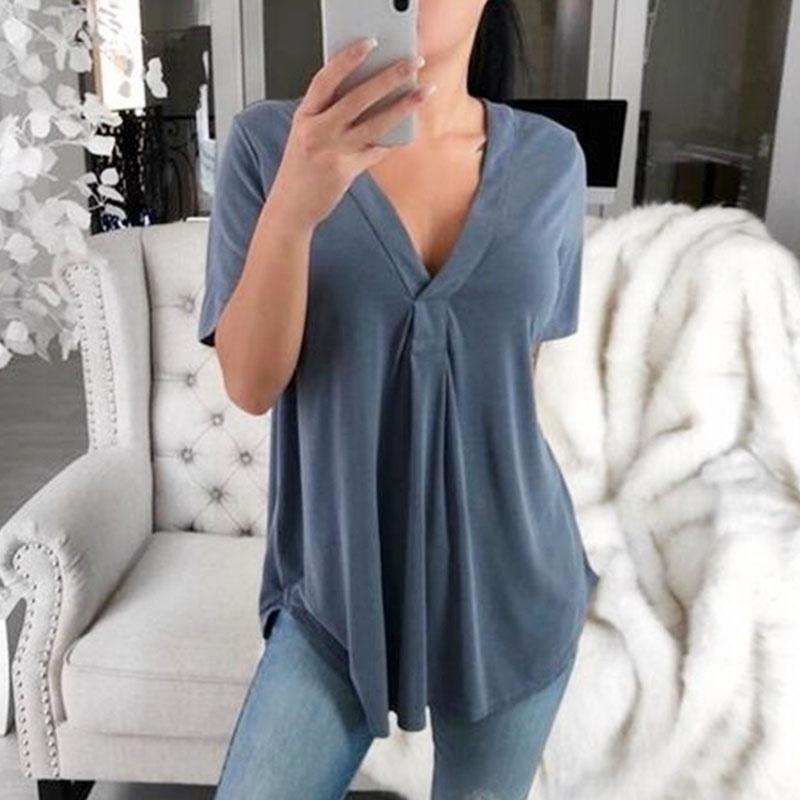 Summer Sexy Women Fashion Casual Loose Tops Casual T-Shirt Summer V-Neck Solid Color Plus Size Short Sleeve Blouse