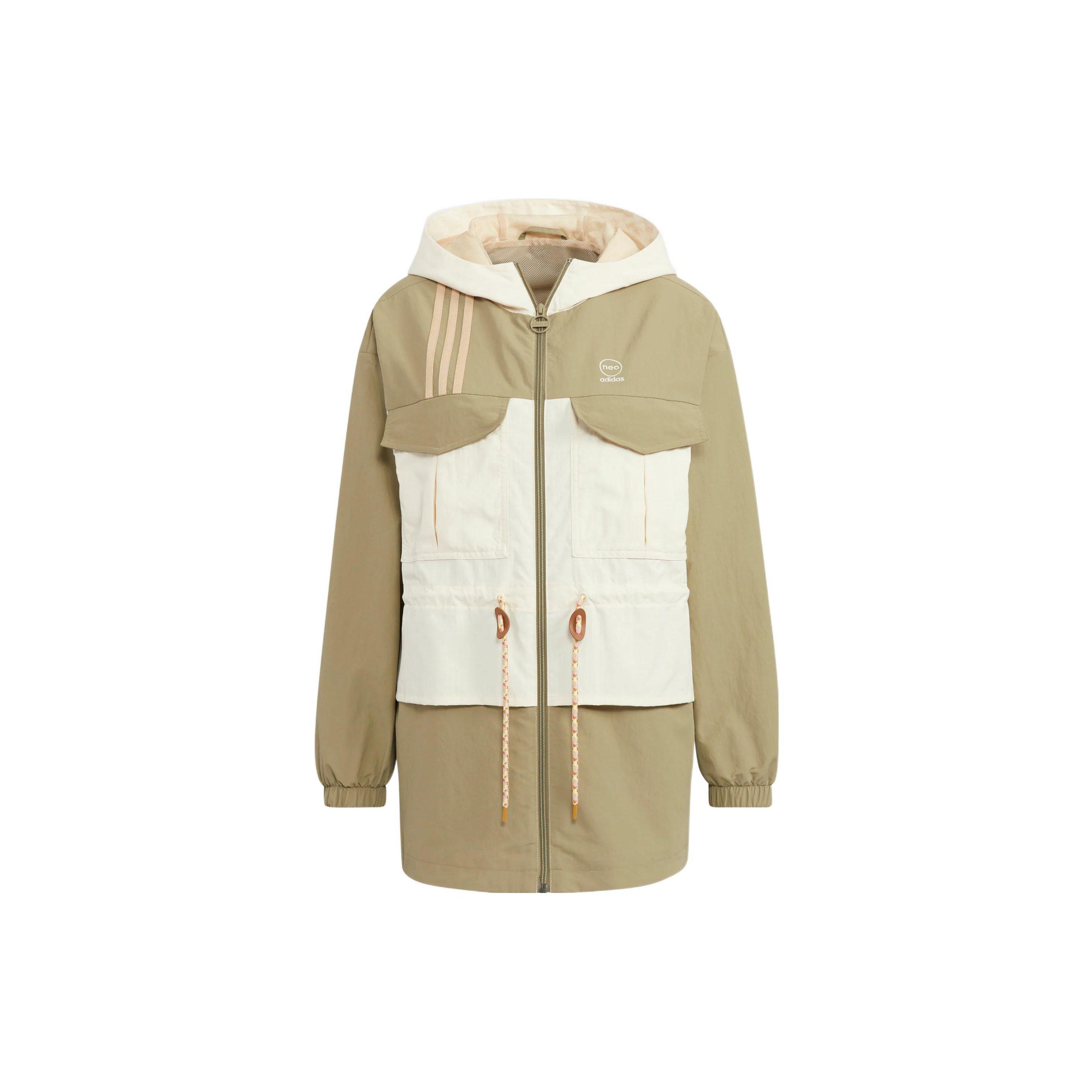 adidas Neo Women s Color Block Cinched Waist Hooded Mid-Length Jacket Khaki White HM2023 S
