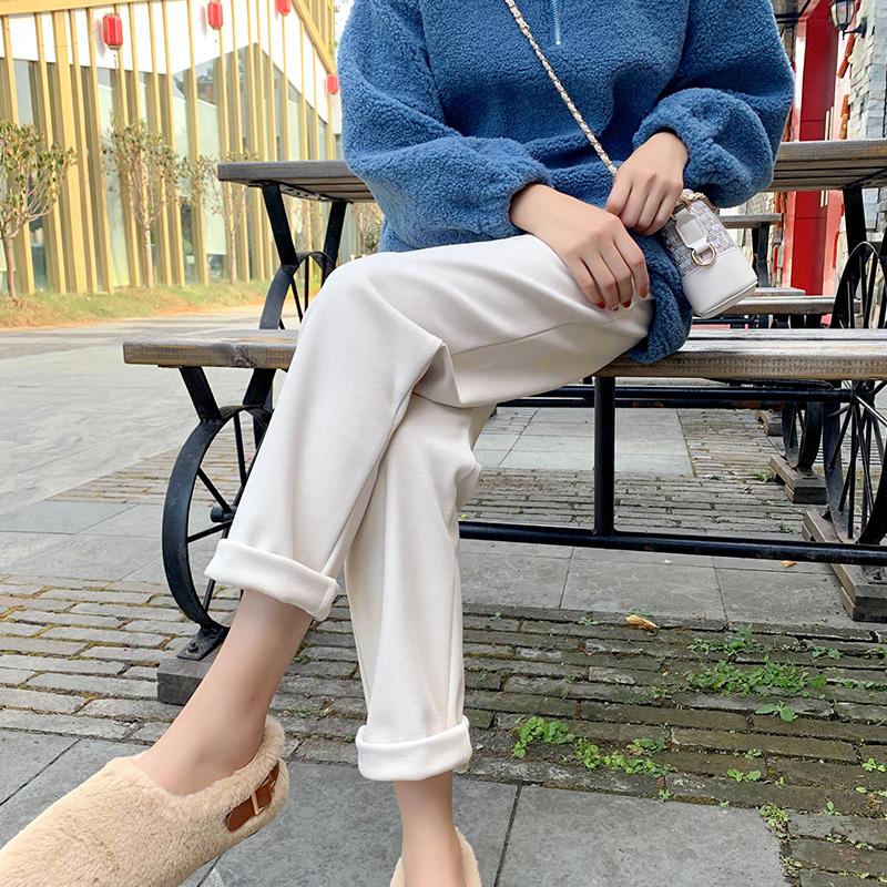 Fashion Thick Solid Woolen Harem Pants Women Autumn Winter Loose Straight High Waist Long Trousers Women Pockets Plus Size Wool Wide Leg Pants 30969
