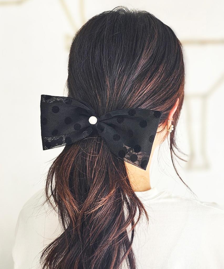 Racoha Polka Dot Mesh Pearl P Big Ribbon Hairpin