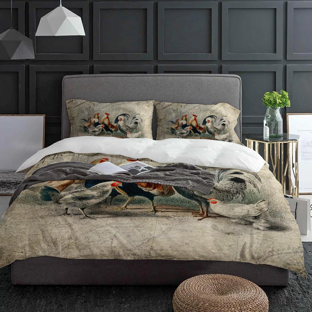 Funda de edredón con funda de almohada de gallo de granja y pollo, ilustración retro, juego de ropa de cama personalizado de 3 piezas, funda de edredón, cama doble, textil para el hogar