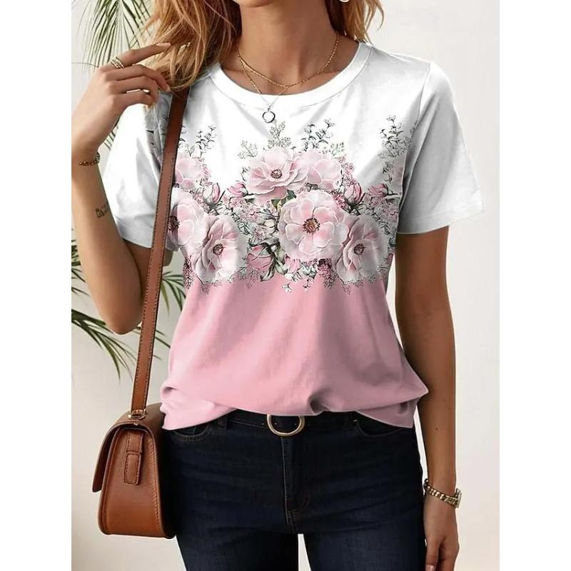 Flower Print Short Sleeve Fashion Versatile Top Comfortable T-Shirts Women’s
