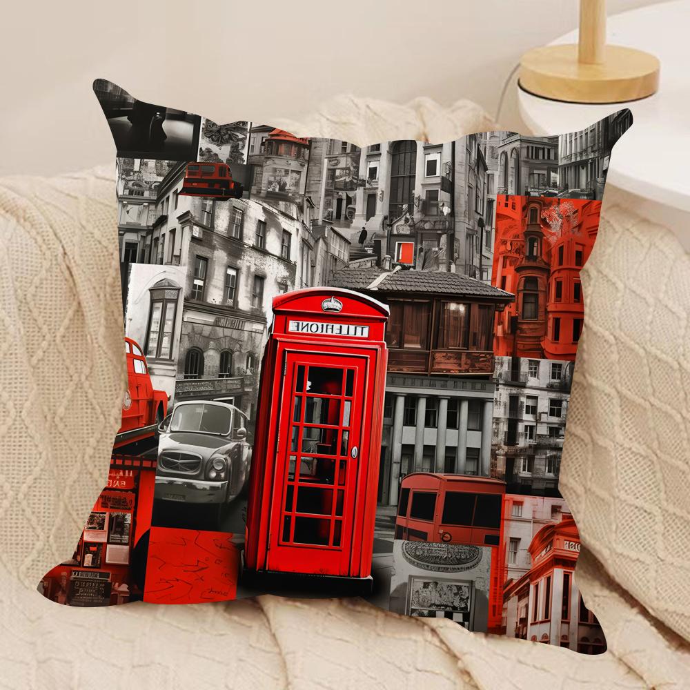 London Red Bus Print Cushion Cover Silky Short Plush Invisible Zipper Dustproof Sofa Pillow Case for Home Decor