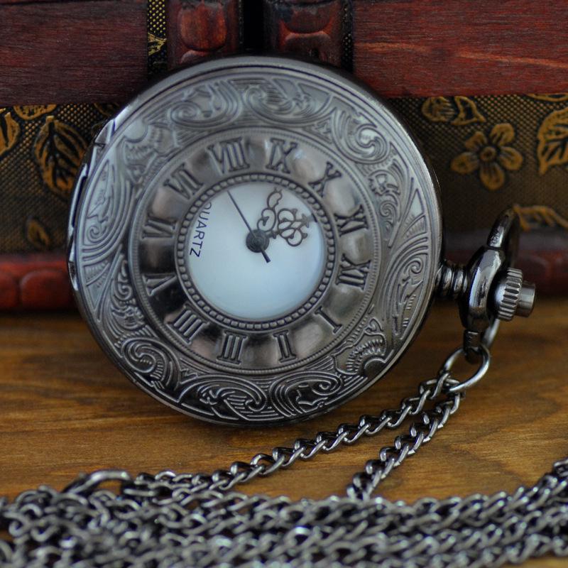 Black Retro Roman Numeral White Face Skeleton Pocket Watch 8171