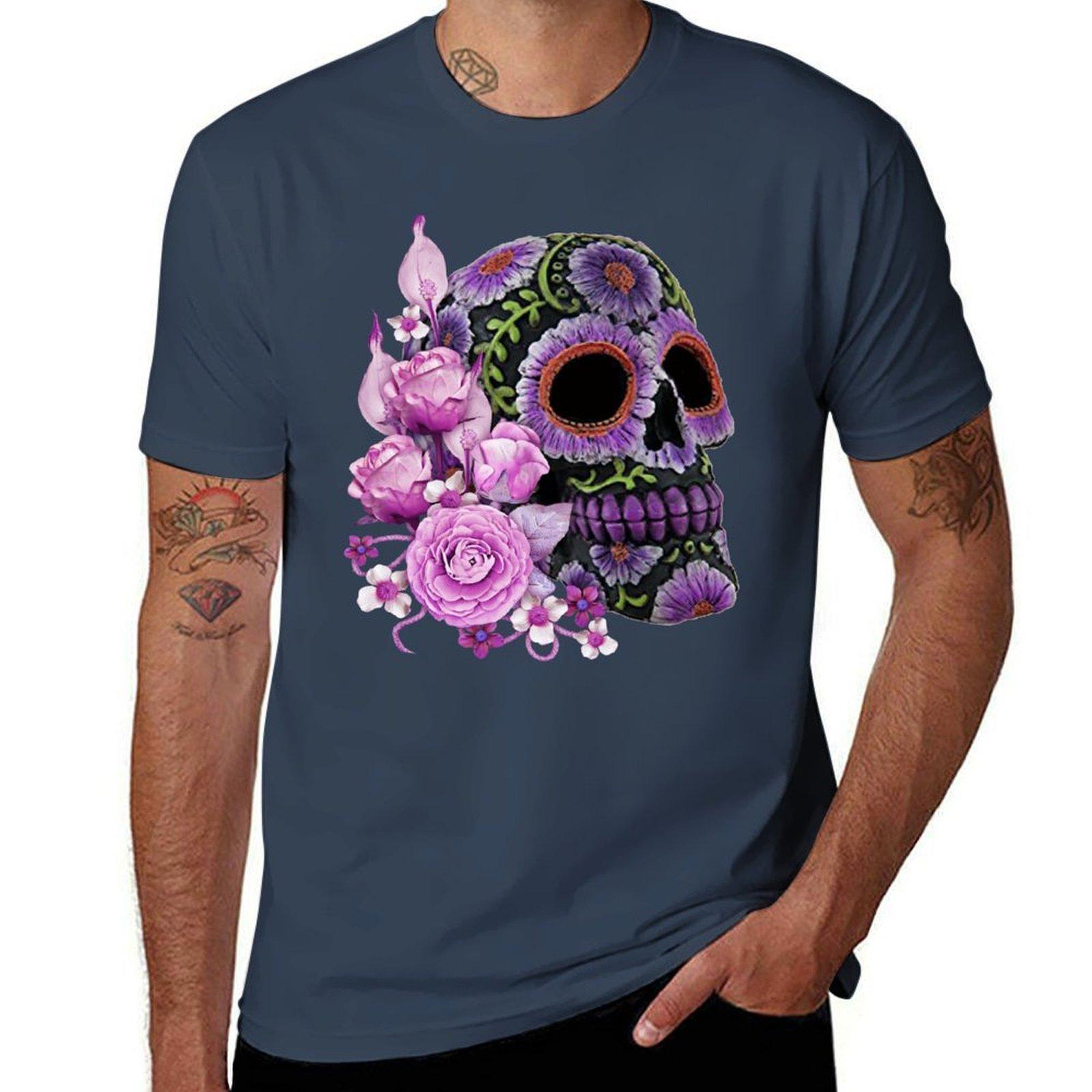 Pink Floral Black Sugar Skull Day Of The Dead Tshirt Perforunisexce Workout Short Sleeve Tee S