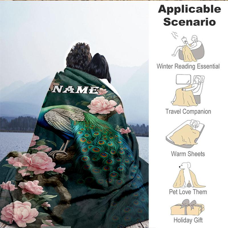 Custom Name Peacock Flowers Romance Blanket Lightweight Ideal Bedding Blanket Perfect for Travel, Camping, Living Rooms, Sofas, Christmas gift
