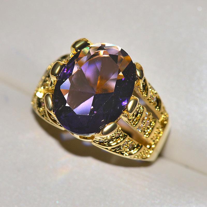 Classic Domineering Men's Gold Hip Hop Zircon Ring Blue White Purple Diamond Ladies Ring Engagement Party Jewelry