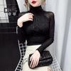 Women Long Sleeves Top Sexy Black Vintage French Pleated Mock Turtleneck Solid Color Slim Fit Soft Stretch Ladies Female Long Sleeves Shirt Undershirt