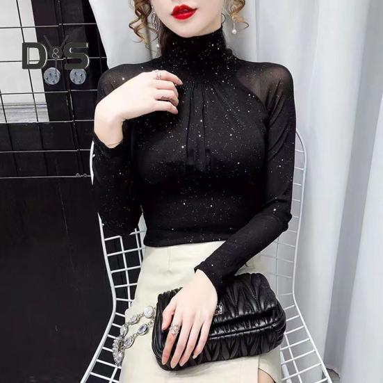 Women Long Sleeves Top Sexy Black Vintage French Pleated Mock Turtleneck Solid Color Slim Fit Soft Stretch Ladies Female Long Sleeves Shirt Undershirt
