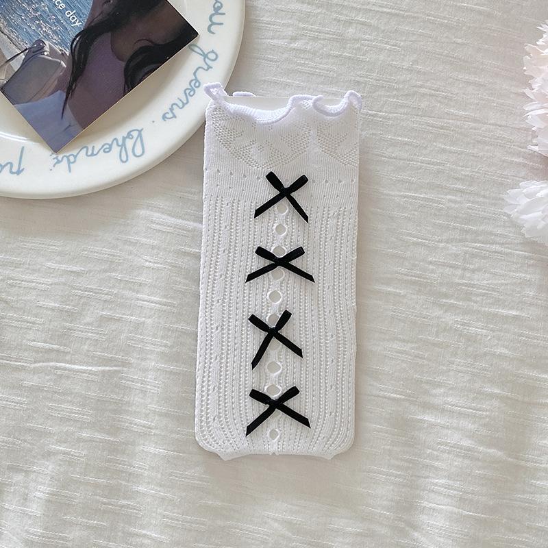 Children's Socks Summer Lolita Wooden Ear Mesh Ribbon Large Bow Mid-tube Socks for Girls