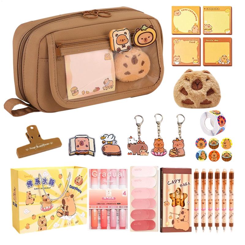 Capybara Stationery Set Cute Pencil Case With Stickers,Clips,Note pad,Plush Brooch, Highlighter Pencil,Storage Bag For Students