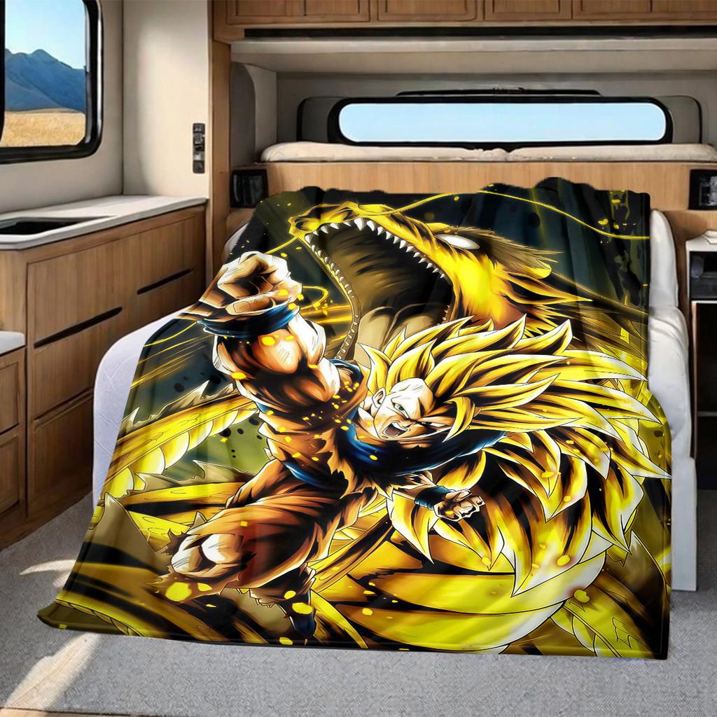1 szt. Koc flanelowy z nadrukiem Son Goku, Wysokiej jakości, Na wszystkie pory roku, Wystrój domu, Ciepło i komfort, Idealny na prezenty świąteczne