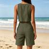 Damen ärmelloses Crop-Top und weite Bermuda-Shorts Set Leinenmischung Lässiges Sommer-Outfit Elastischer Bund Kordelzug Taschen