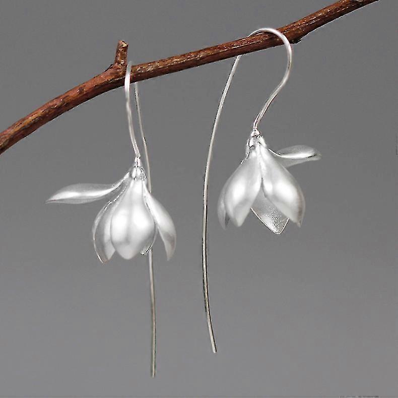 S925 Sterling Silver Earrings Elegant Magnolia Flower Drop Earrings Natural