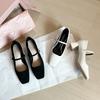 3337-60 one-word with square head thick heel Mary Jane single shoes niche new metal buckle with middle heel shoes commuter shoes