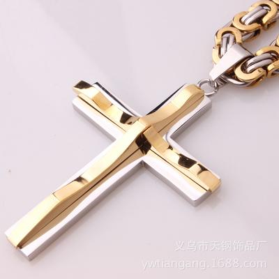 European and American Men's Jewelry Titanium Steel Stainless Steel Cross Pendant Flat Link Chain Necklace Electroplating Gold