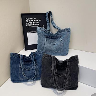 Büyük Kapasiteli Taşınabilir Denim Çanta Kadın İlkbahar Modası Tote Çanta Retro Kanvas Çanta