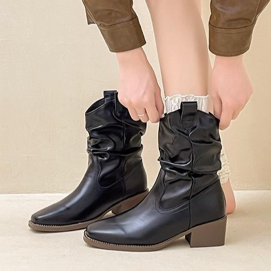 Retro Style Square Head Thick Heel Fashion Short Boots Women's Autumn and Winter Fashion with Coat Short Tube Pile Pointed High Heel Thin Boots