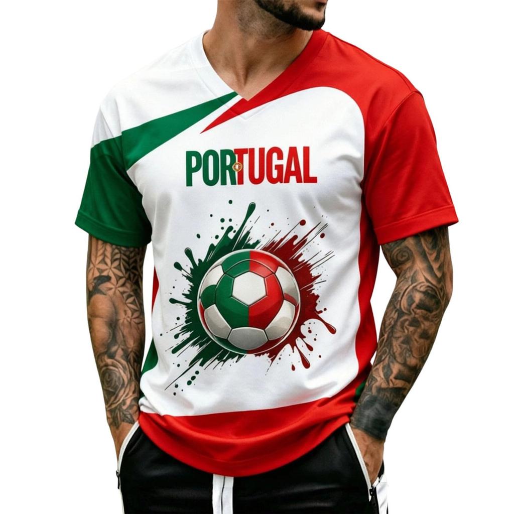Men's V Neck Short Sleeve Shirt Soccer Print Fan Tee World Cup Sportswear Casual Top for Outdoor Activities and Daily Wear