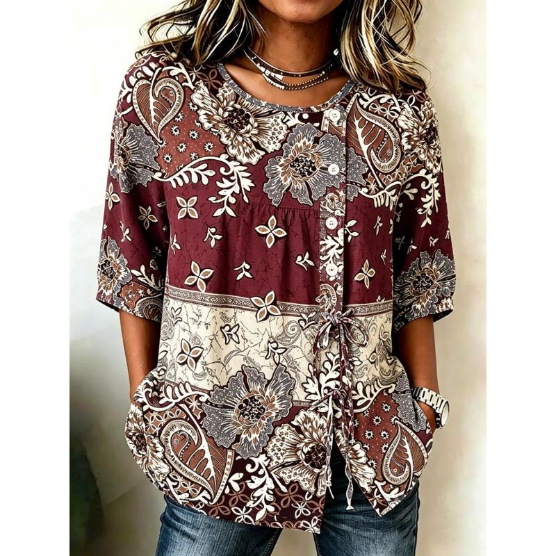 Women's Spring Summer Drawstring Blouse, Boho Paisley & Floral Patchwork Print Casual Tops for Daily Street Holiday Outfit