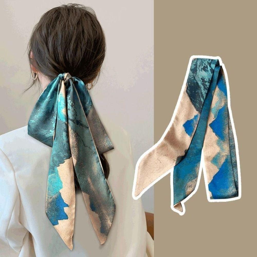 Chinese Style Printing Tied Hair Turban Ribbon Woman Headdress Long Strip Silk Scarf Headband