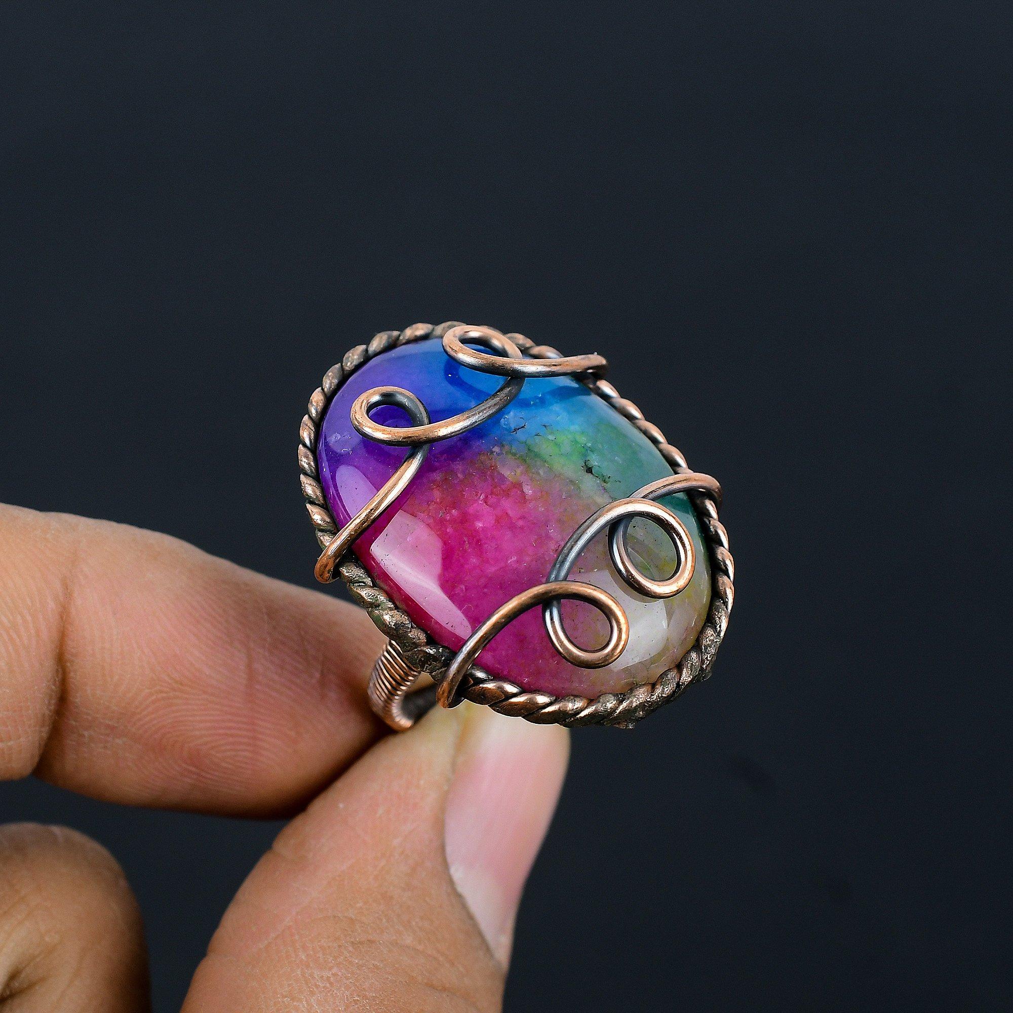 

Медная проволока драгоценной камня кварца радуги обернутая кольцо ювелирных изделий Хандмаде для подарка 5.5 розовый