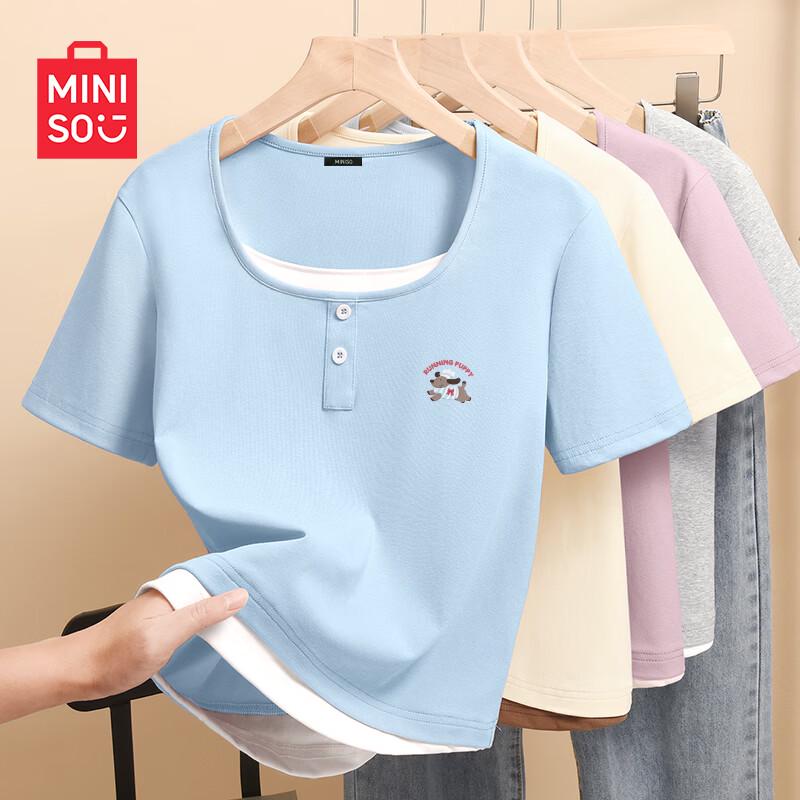 MINISO Women s Faux Two-Piece Short Sleeve T-Shirt M