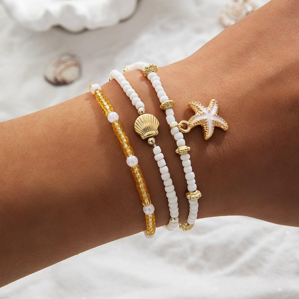 3Pcs/Set Summer Bohemian Style Starfish Rice Beads Shell Anklet Set for Women Multilayer Anklet Vacation Jewelry