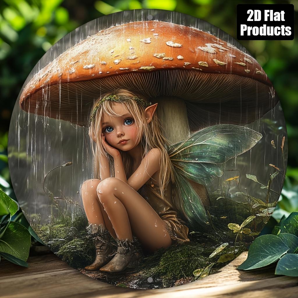 Rainy Day Forest Fairy Under Mushroom Round Metal Sign D Flat Printed Whimsical Fantasy Art Tin Plaque Enchanted Woodland Wal 20x20cm(8x8inch)