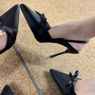 Mary Jane Bouche Légère Française Stiletto Chaussures Simples Tempérament Mondain Nœud Satin Pointu Talons Hauts